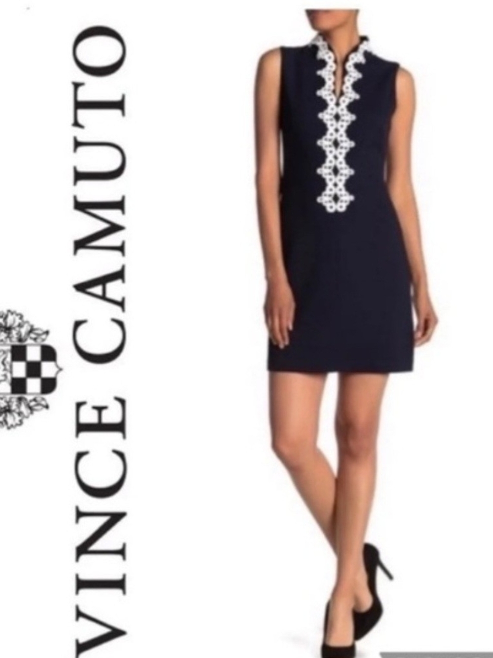 Vince Camuto Navy Sleeveless Mini Dress with White Lace Placket